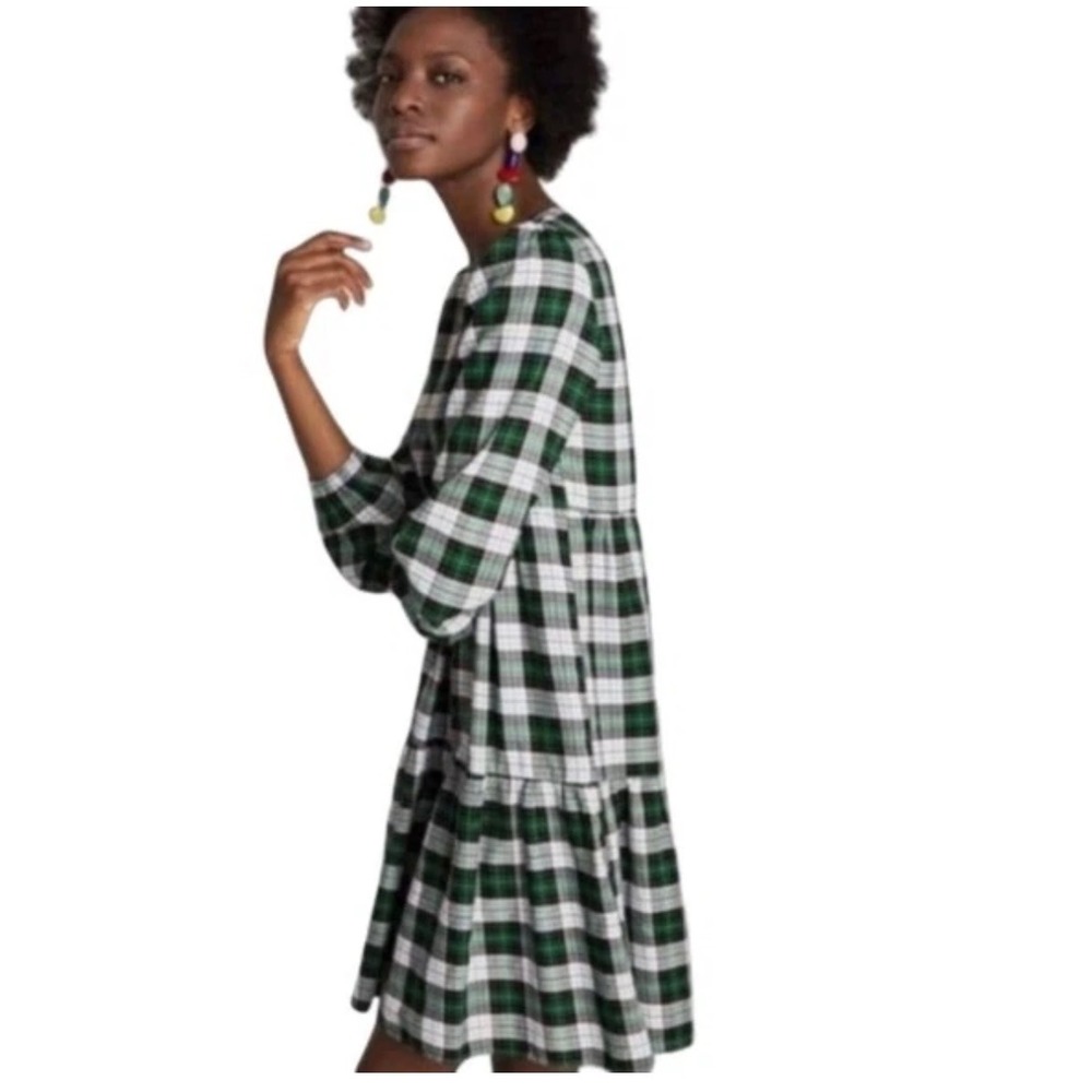 Zara Woman Green Plaid Tiered Babydoll Dress Long Sleeve Casual Mini XS - Picture 2 of 8